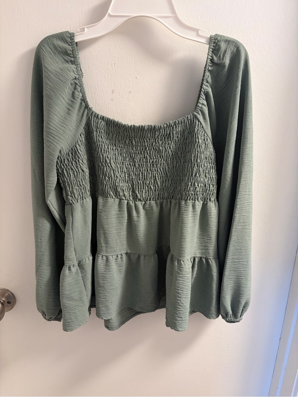 Paper Crane Sage Green Smocked Tiered Long-Sleeve Tunic